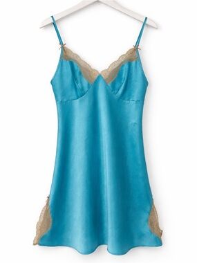 No Boundaries Blue Satin Slip Dress Mini Lingerie Nightgown Dress Lace Medium